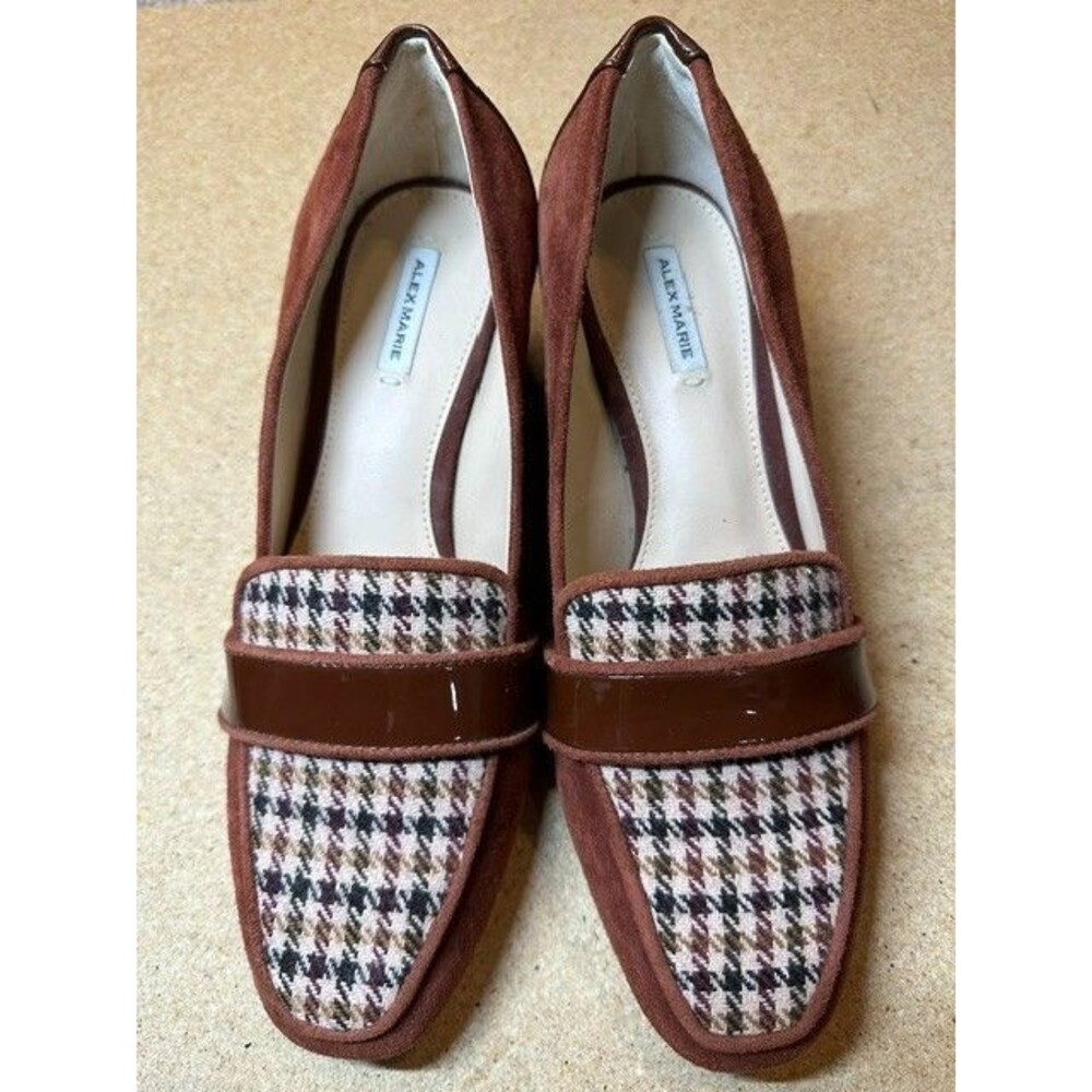 NWOB Alex Marie Farin Brown Suede Houndstooth Plaid Loafer Pump Block Heel Sz 7M
